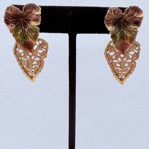 Vintage Enamel And Gold Tone Filigree Leaf Layered Dangle Earrings 2”